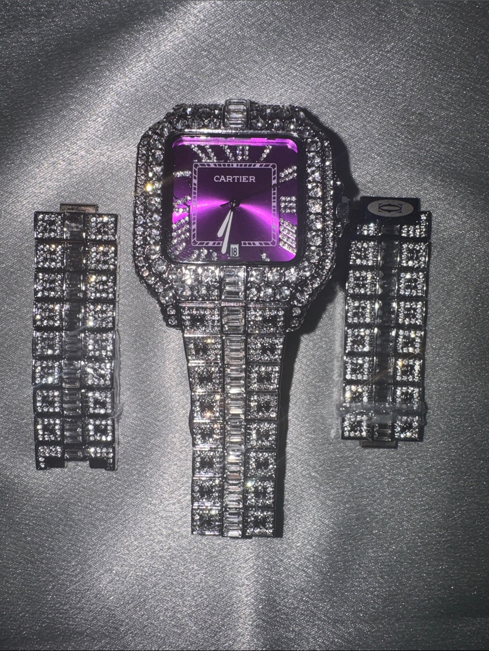 New! Iced-Out bustdown watch featuring a vibrant purple dial and Moissinite vvs1
